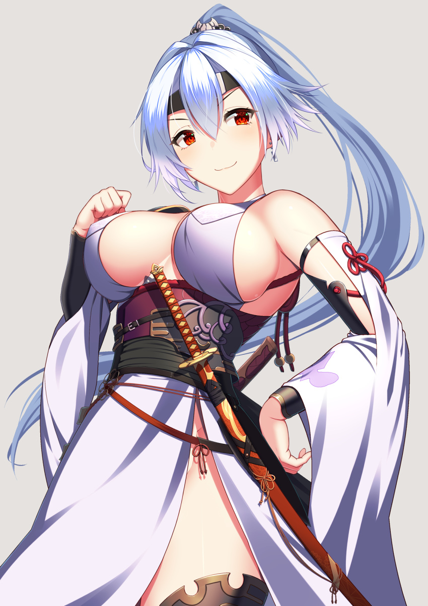 1girl breasts commentary_request detached_sleeves fate/grand_order fate_(series) grey_background hair_between_eyes headband high_ponytail highres katana kuroshiro_(ms-2420) large_breasts long_hair looking_at_viewer obi ponytail red_eyes sash sideboob simple_background smile solo sword tomoe_gozen_(fate) weapon white_hair