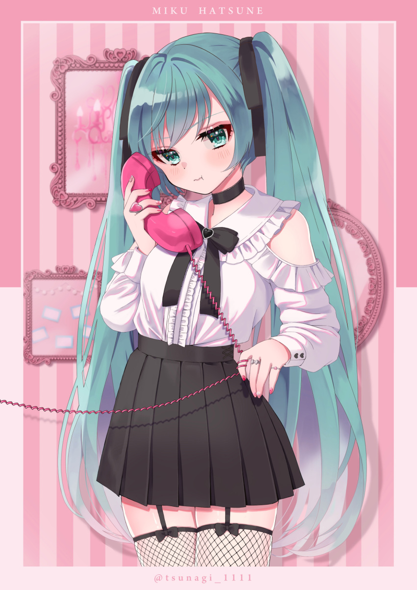 1girl absurdres aqua_eyes aqua_hair artist_name black_ribbon black_skirt blouse blush bow bowtie brooch commentary_request corded_phone cowboy_shot fingernails fishnet_thighhighs fishnets garter_straps hair_between_eyes hatsune_miku head_tilt heart high-waist_skirt highres holding holding_phone jewelry long_hair long_sleeves looking_at_viewer nail_polish phone picture_frame pink_background pink_nails pleated_skirt pout ribbon ring shirt shirt_tucked_in sidelocks skindentation skirt sleeve_cuffs solo standing thighhighs tsunagi_1111 twintails very_long_hair vocaloid white_shirt zettai_ryouiki