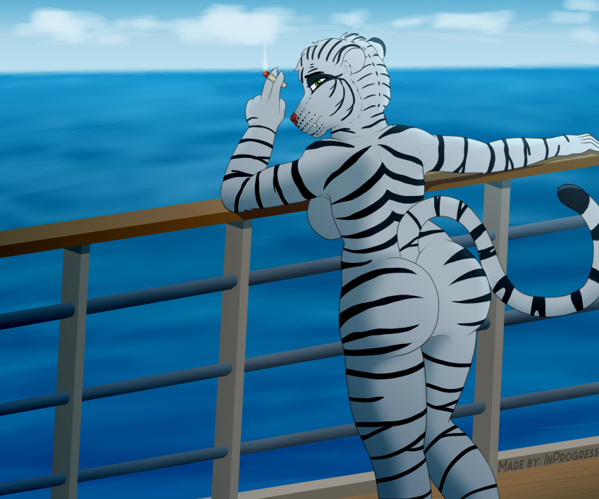 absurd_res anthro boat breasts butt cigarette felid female hi_res inprogress looking_at_viewer looking_back mammal mature_female nude outside pantherine public public_nudity rear_view sea smoking solo stripes tiger vehicle water watercraft