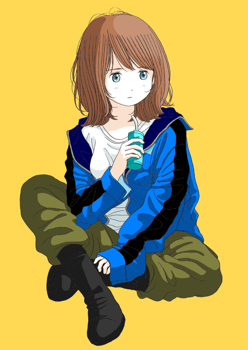 1girl black_footwear blue_eyes blue_jacket boots brown_hair drink drinking_straw full_body green_pants highres holding holding_drink jacket long_sleeves medium_hair original pants shirt simple_background sitting solo take_(orion_transport) white_shirt yellow_background