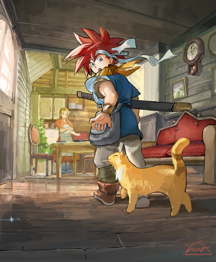 1boy 1girl apron aretokasoretoka blonde_hair blue_eyes blue_tunic boots bracer cabinet cat chair chrono_trigger clock couch crono's_mother crono_(chrono_trigger) dress grey_pants headband highres house_plant indoors kitchen long_hair looking_back male_focus mother_and_son neckerchief open_mouth orange_dress pants picture_frame plate red_hair spiked_hair sword table weapon white_headband window wooden_floor yellow_neckerchief