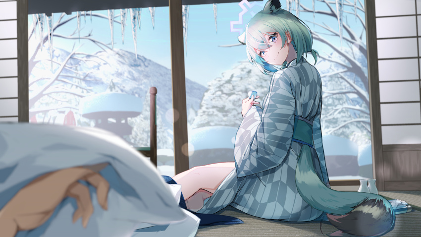 1girl absurdres alcohol animal_ears blue_archive blue_halo blush bottle breasts choko_(cup) cup green_hair grey_kimono hair_between_eyes halo highres holding japanese_clothes kimono looking_at_viewer mountain official_alternate_costume pov purple_eyes sake sake_bottle shigure_(blue_archive) shigure_(hot_spring)_(blue_archive) shiroyu short_hair smile solo tail tatami tokkuri tree weasel_ears weasel_girl weasel_tail