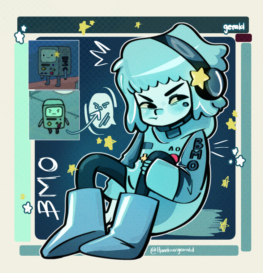 adventure_time aqua_footwear aqua_hair aqua_skin artist_name blush bmo boots character_name hair_ornament hamgurgerald highres hood hood_down humanization long_sleeves medium_hair reference_inset sitting speech_bubble star_(symbol) star_hair_ornament