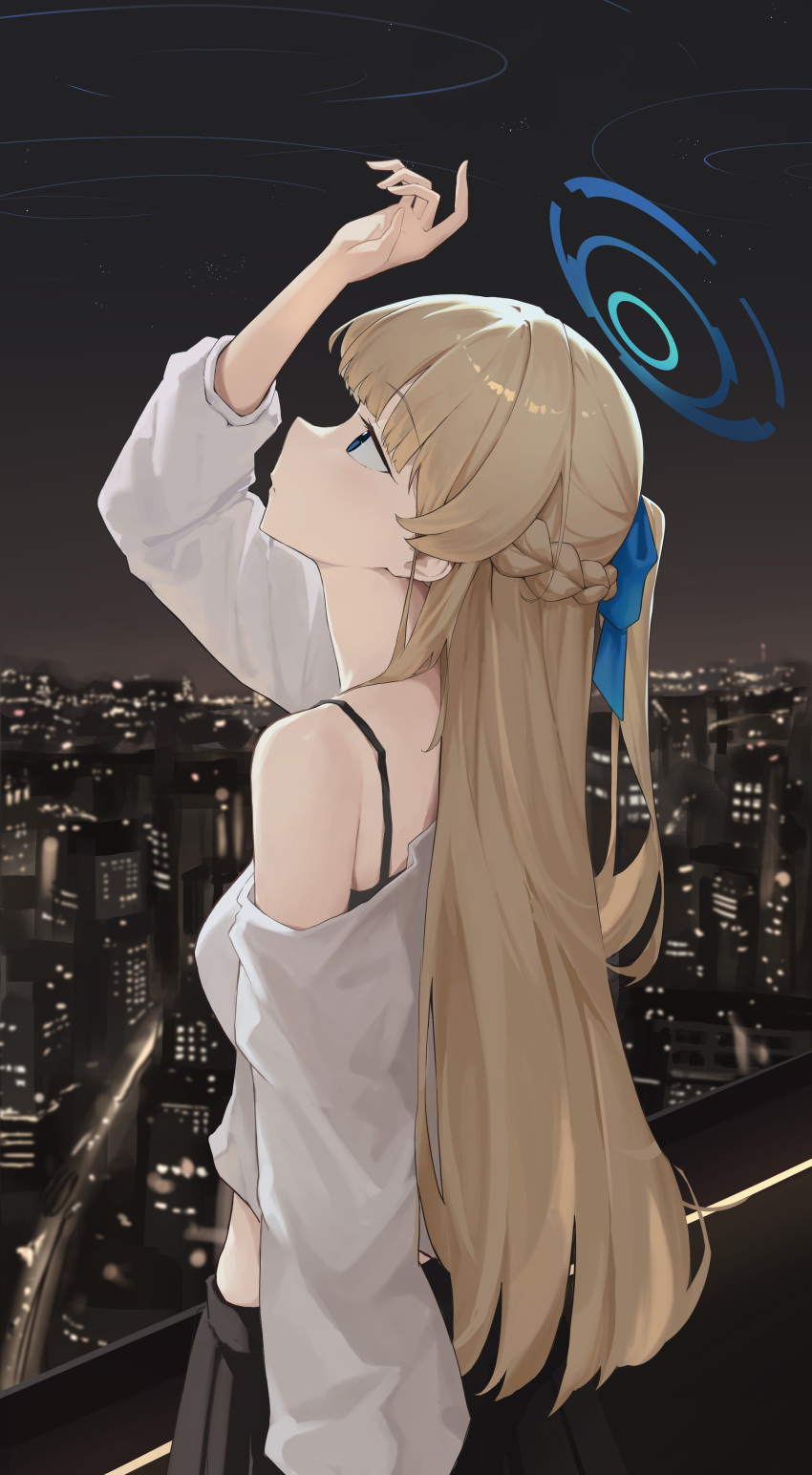 1girl absurdres black_bra black_skirt blonde_hair blue_archive blue_eyes blue_halo bra braid building city closed_mouth gmi_(jimmyovob) halo highres long_hair long_sleeves looking_up night outdoors pleated_skirt shirt skirt solo toki_(blue_archive) underwear white_shirt