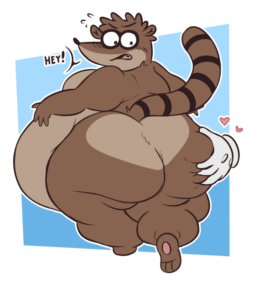 2022 anthro big_butt blue_background brown_body brown_fur butt cartoon_network floating_hands fur gradient_background hand_on_butt hi_res humanoid_hands male mammal markings morbidly_obese obese overweight procyonid raccoon regular_show rigby_(regular_show) simple_background solo striped_markings striped_tail stripes tail_markings white_background xxedge