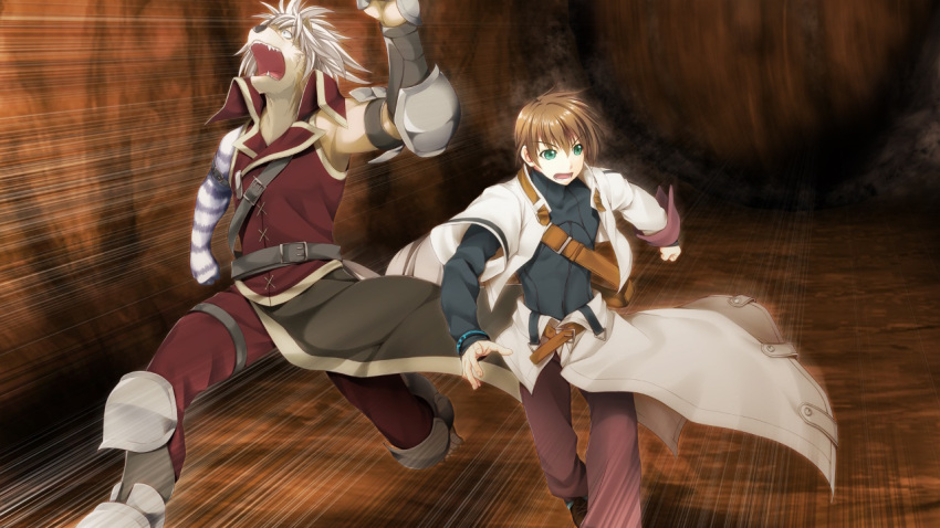 2boys alto_travers animal_feet animal_hands armor atelier-moo belt brown_hair fang fleeing full_body green_eyes hair_between_eyes jacket long_sleeves multiple_boys open_mouth rock running short_hair sleeveless volk_dartfang white_jacket wizards_symphony wolf_boy