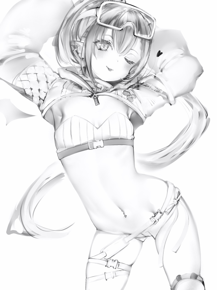 1girl ;p absurdres armpits arms_behind_head arms_up breasts contrapposto ear_piercing goggles goggles_on_head greyscale hair_between_eyes highres hololive light_blush long_hair long_sleeves looking_at_viewer micro_shorts monochrome nanashi_(nlo) navel navel_piercing official_alternate_costume one_eye_closed piercing pointy_ears ponytail puffy_long_sleeves puffy_sleeves shorts shrug_(clothing) simple_background small_breasts smile solo stomach thigh_strap tokoyami_towa tokoyami_towa_(5th_costume) tongue tongue_out very_long_hair virtual_youtuber