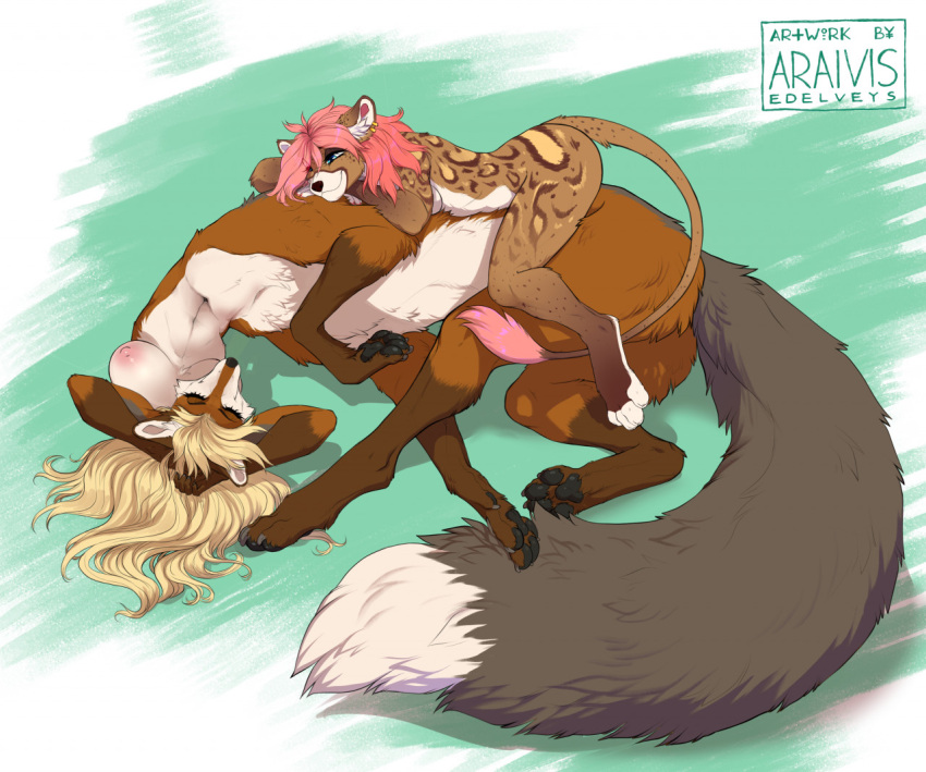 2022 4_toes 5_fingers anthro araivis-edelveys areola breasts canid canine digital_media_(artwork) duo eyebrows eyelashes feet felid female fingers fox hair lion mammal nipples nude pantherine pink_hair smile taur toes