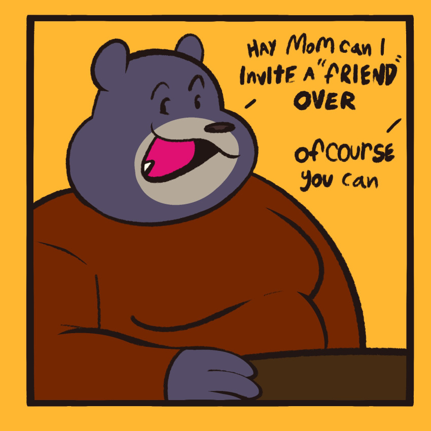 1:1 2023 anthro anukkyt bear black_bear black_body clothing dialogue english_text hi_res holidays male mammal offscreen_character offscreen_female open_mouth open_smile simple_background smile snaggle_tooth solo text thanksgiving topwear ursine yellow_background