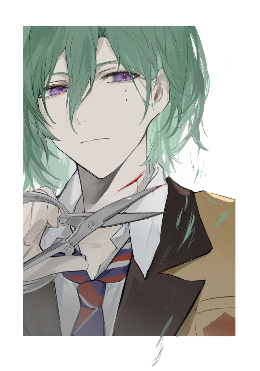 1boy absurdres bangs blazer bleeding blood blood_on_weapon closed_mouth collared_shirt cuts cutting_hair cutting_own_hair ensemble_stars! frown green_hair hair_between_eyes highres holding holding_scissors injury jacket kazehaya_tatsumi lapels long_sleeves looking_at_viewer male_focus mole mole_on_cheek mole_under_eye necktie outside_border portrait purple_eyes scissors severed_hair shirt shitan_(tantan_0821) short_hair simple_background solo striped_necktie weapon white_background white_shirt