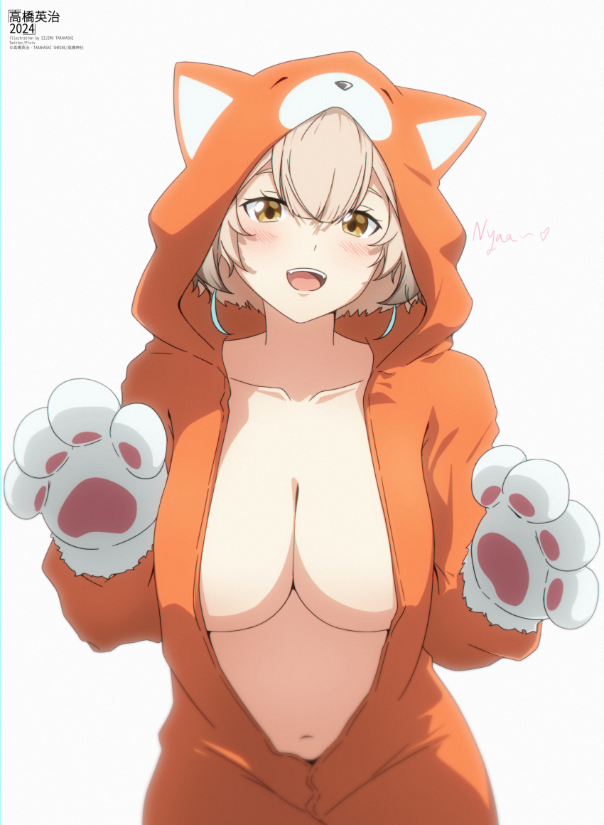 1girl :d absurdres animal_costume animal_hands animal_hood breasts brown_eyes brown_hair cat_costume commentary eijiru gloves grey_background hair_between_eyes highres hood indie_virtual_youtuber large_breasts looking_at_viewer onesie open_mouth paw_gloves sanagi_yuzu simple_background smile solo teeth upper_teeth_only virtual_youtuber white_gloves