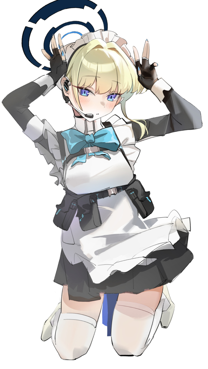 1girl akihoop apron black_dress black_gloves blonde_hair blue_archive blue_bow blue_bowtie blue_eyes blue_halo blue_nails bow bowtie bun_cover chest_harness collared_shirt commentary dress earpiece fingerless_gloves frilled_apron frilled_dress frills gloves hair_intakes halo harness high_heels highres kneeling light_blush looking_at_viewer maid maid_apron maid_headdress open_mouth rabbit_pose shirt sidelocks sleeve_cuffs thighhighs toki_(blue_archive) white_apron white_background white_footwear white_shirt white_thighhighs