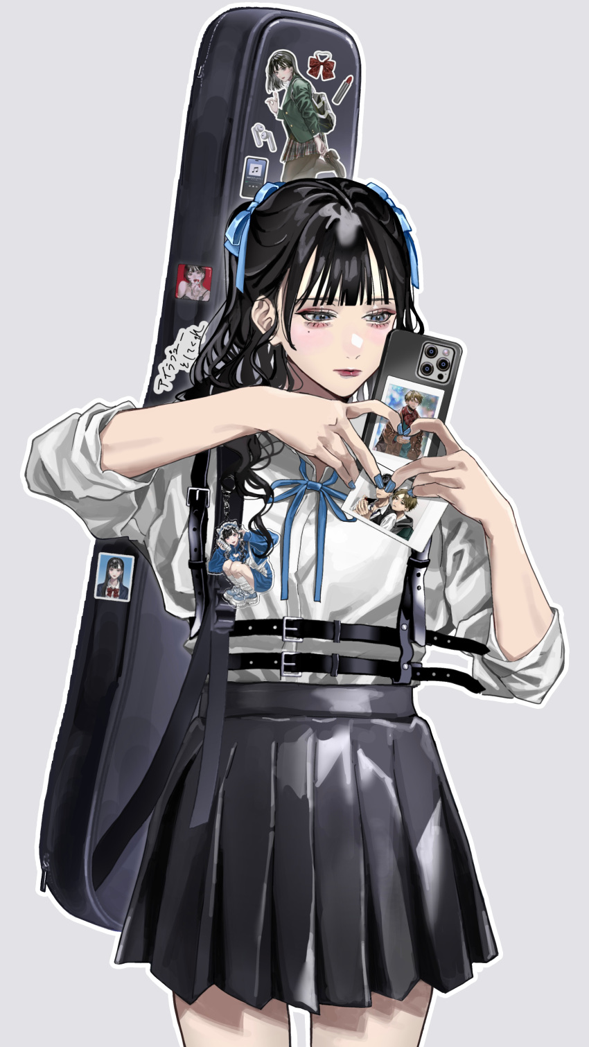 1girl absurdres black_hair black_skirt blue_nails blue_ribbon blush cellphone collared_shirt cowboy_shot earrings grey_background grey_eyes guitar_case hair_ribbon highres hinako_95 holding holding_phone instrument_case jewelry long_hair makeup mole mole_under_eye nail_polish neck_ribbon original outline phone pleated_skirt ribbon school_uniform shirt shirt_tucked_in simple_background skirt sleeves_rolled_up smartphone solo standing sticker white_shirt