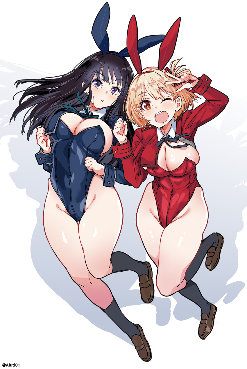 2girls ;d absurdres adapted_costume aiuti alternate_costume animal_ear_hairband animal_ears bare_legs black_hair black_socks blonde_hair blue_leotard blush breasts brown_footwear fake_animal_ears full_body groin hairband highleg highleg_leotard highres inoue_takina kneehighs large_breasts leotard loafers looking_at_viewer lycoris_recoil multiple_girls neck_ribbon nishikigi_chisato one_eye_closed playboy_bunny rabbit_ear_hairband rabbit_ears red_leotard ribbon shadow shoes short_hair smile socks straight_hair twitter_username w white_background wrist_cuffs