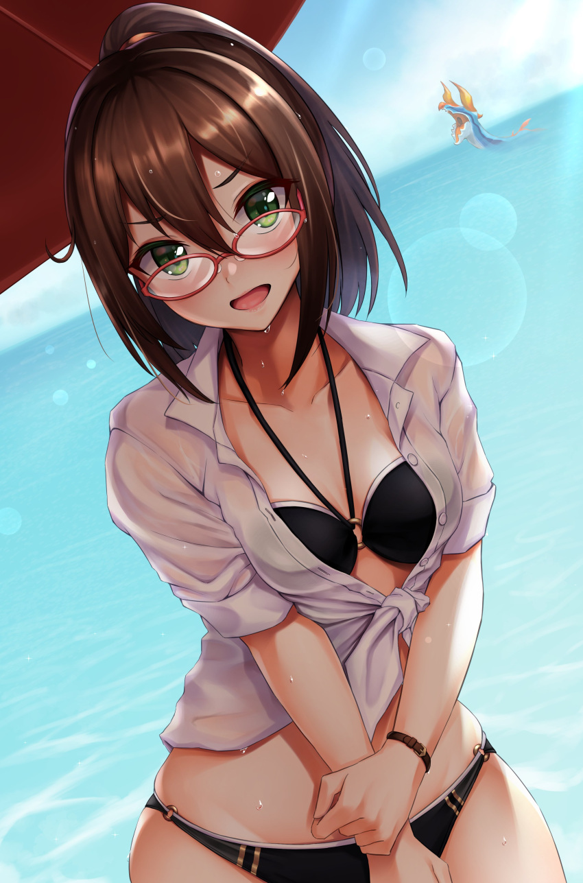 1girl absurdres bikini black_bikini blurry bokeh bracelet breasts brown_hair collarbone collared_shirt commentary_request depth_of_field glasses green_eyes halterneck hand_on_own_arm highres jewelry looking_at_viewer medium_breasts medium_hair mifuyu_(princess_connect!) mifuyu_(real)_(princess_connect!) ocean open_mouth ponytail princess_connect! red-framed_eyewear shade shirt sidelocks solo swimsuit tied_shirt tonelico1213 v-shaped_eyebrows wet wet_clothes wet_shirt white_shirt