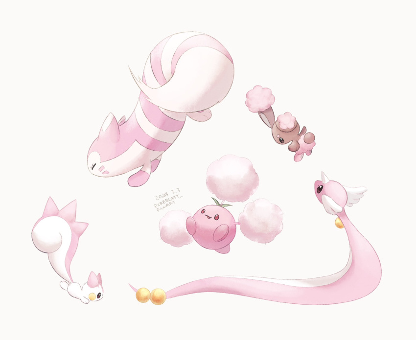 artist_name buneary colored_skin dated dragonair fireblast furret head_wings highres horns jumpluff no_humans pachirisu pink_fur pink_skin pink_theme pokemon pokemon_(creature) rabbit red_eyes simple_background single_horn snake squirrel tail white_background wings