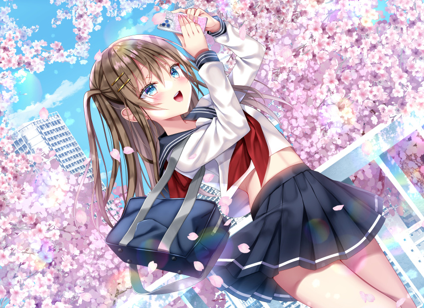 1girl absurdres arms_up bag black_sailor_collar black_skirt blue_bag blue_eyes blue_sky blush brown_hair building cherry_blossoms commentary day english_commentary falling_petals feet_out_of_frame fingernails flower hair_between_eyes hair_ornament hairclip highres holding holding_phone long_hair long_sleeves looking_at_object midriff mixed-language_commentary nae-nae neckerchief open_mouth original outdoors petals phone pink_flower red_neckerchief sailor_collar sailor_shirt school_bag school_uniform shirt shoulder_bag skirt sky smile solo teeth two_side_up upper_teeth_only white_shirt