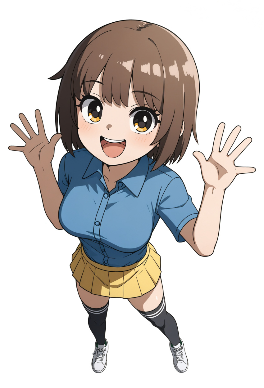 1girl ai-generated black_thighhighs blue_shirt breasts brown_hair collared_shirt foreshortening full_body hands_up happy highres light_blush medium_breasts medium_hair non-web_source open_mouth original shirt simple_background skirt standing teeth thighhighs upper_teeth_only white_background white_sneakers yellow_eyes yellow_skirt