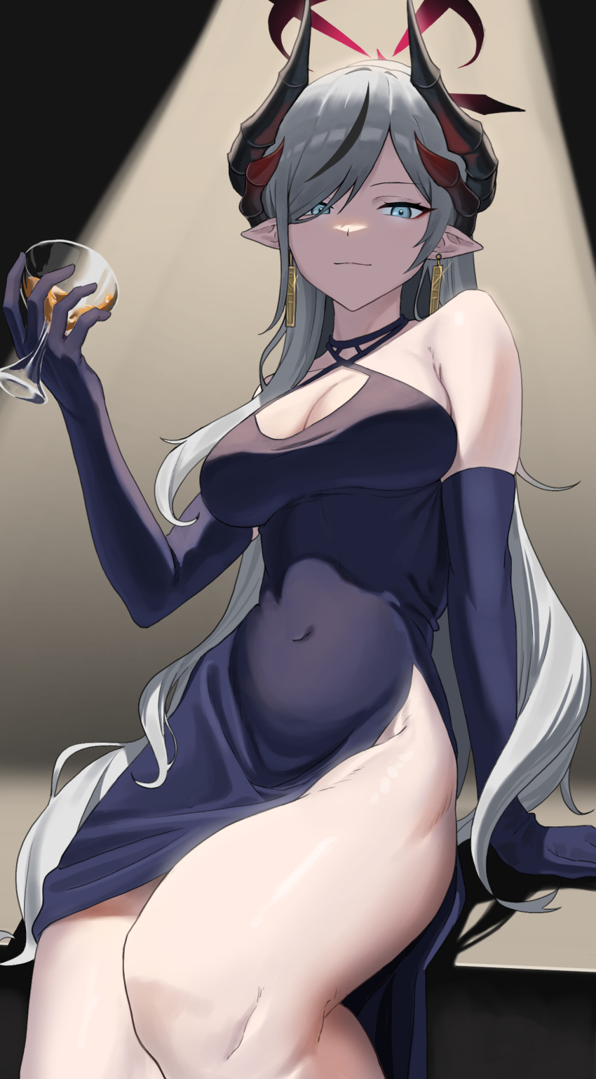 1girl absurdres black_dress black_gloves black_hair blue_archive breasts cleavage closed_mouth commentary covered_navel cup demon_horns dress drinking_glass earrings elbow_gloves feet_out_of_frame gloves grey_eyes grey_hair hair_over_one_eye halo halter_dress halterneck highres holding holding_cup horns jewelry long_hair looking_at_viewer makoto_(blue_archive) makoto_(dress)_(blue_archive) medium_breasts multicolored_hair natoriusu_sansei official_alternate_costume pointy_ears side_slit sitting sleeveless sleeveless_dress smile solo streaked_hair thighs very_long_hair wine_glass