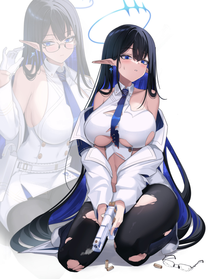 1girl ammunition black_hair black_pantyhose blue_archive blue_eyes blue_hair blue_halo blue_necktie blush breasts closed_mouth coat collared_dress colored_inner_hair desert_eagle dress earrings giga-tera gloves gun halo handgun high_heels highres holding holding_gun holding_weapon holster jewelry large_breasts long_hair long_sleeves magazine_(weapon) multicolored_hair multiple_views necktie open_clothes open_coat open_mouth pantyhose pointy_ears rin_(blue_archive) sideboob simple_background torn_clothes torn_pantyhose very_long_hair weapon white_background white_coat white_dress white_footwear white_gloves zoom_layer