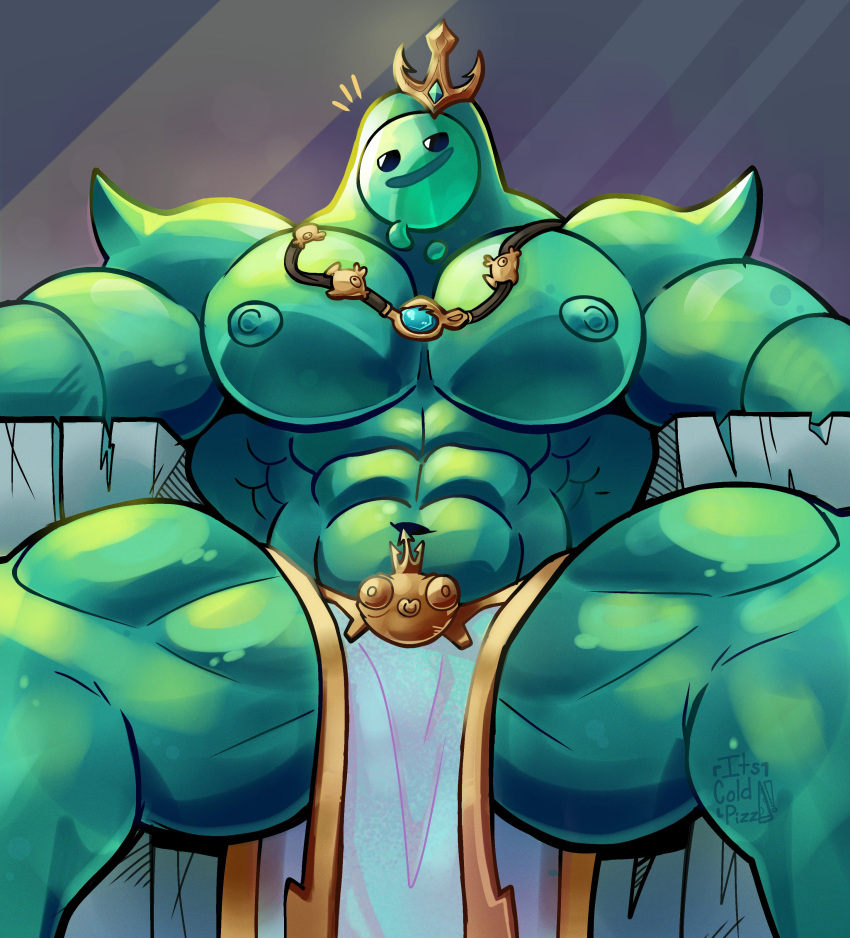 absurd_res bottomwear clothed clothing crown epic_games fortnite goo_creature goo_humanoid headgear hi_res humanoid its_coldpizza jewelry loincloth loincloth_only male moobs muscular muscular_male navel necklace nipples pecs poseidon_(fortnite) sitting sitting_on_throne smug solo solo_focus teal_body teal_nipples topless