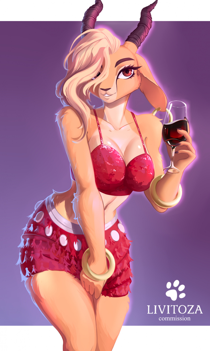 absurd_res antelope anthro bottomwear bovid brown_body brown_fur clothing crop_top disney female fur gazelle gazelle_(zootopia) hair hi_res holding_glass holding_object livitoza mammal midriff navel pinup pose red_clothing seductive shirt skirt tight_clothing topwear weapon zootopia