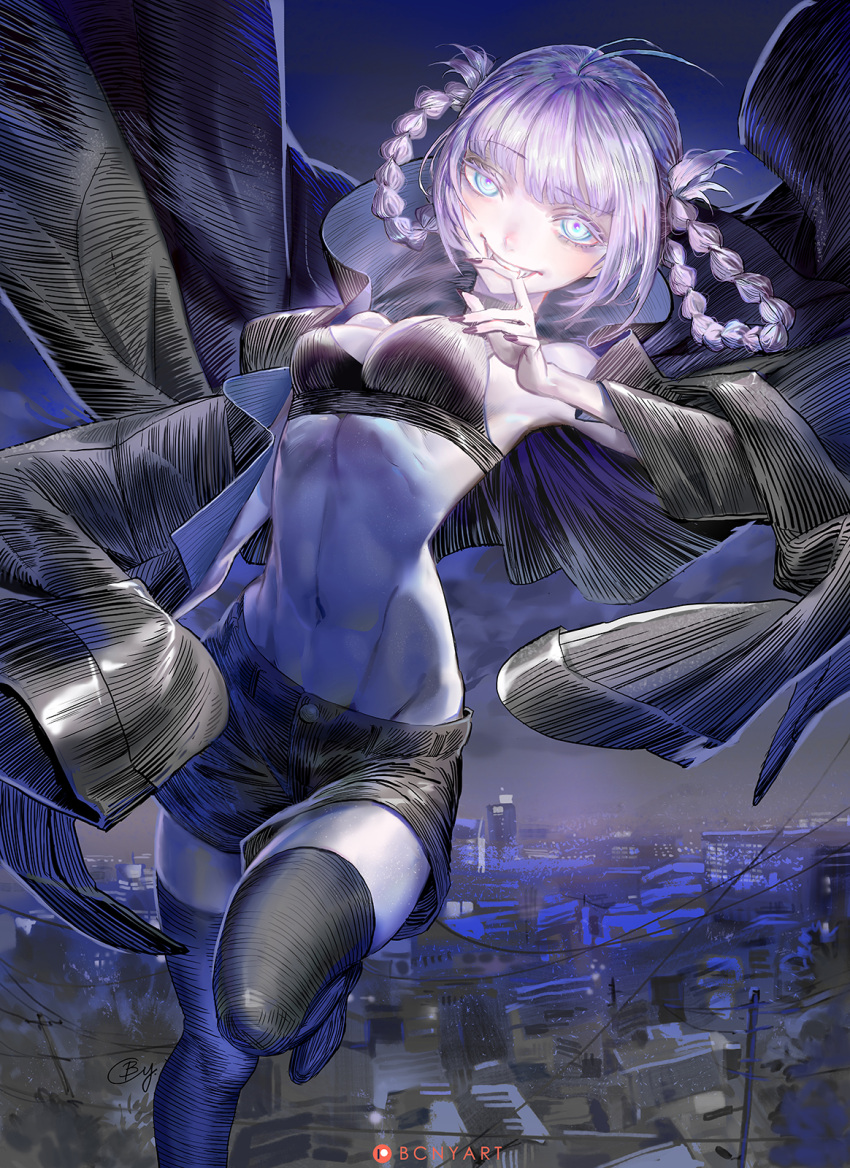 1girl b.c.n.y. biting_own_finger black_cape black_nails black_shorts blue_eyes boots braid breasts cape commentary crop_top fangs grin hair_rings highres looking_at_viewer medium_breasts midriff nail_polish nanakusa_nazuna_(yofukashi_no_uta) navel night outdoors purple_hair short_shorts shorts smile solo standing standing_on_one_leg stomach thigh_boots thighs twin_braids vampire yofukashi_no_uta