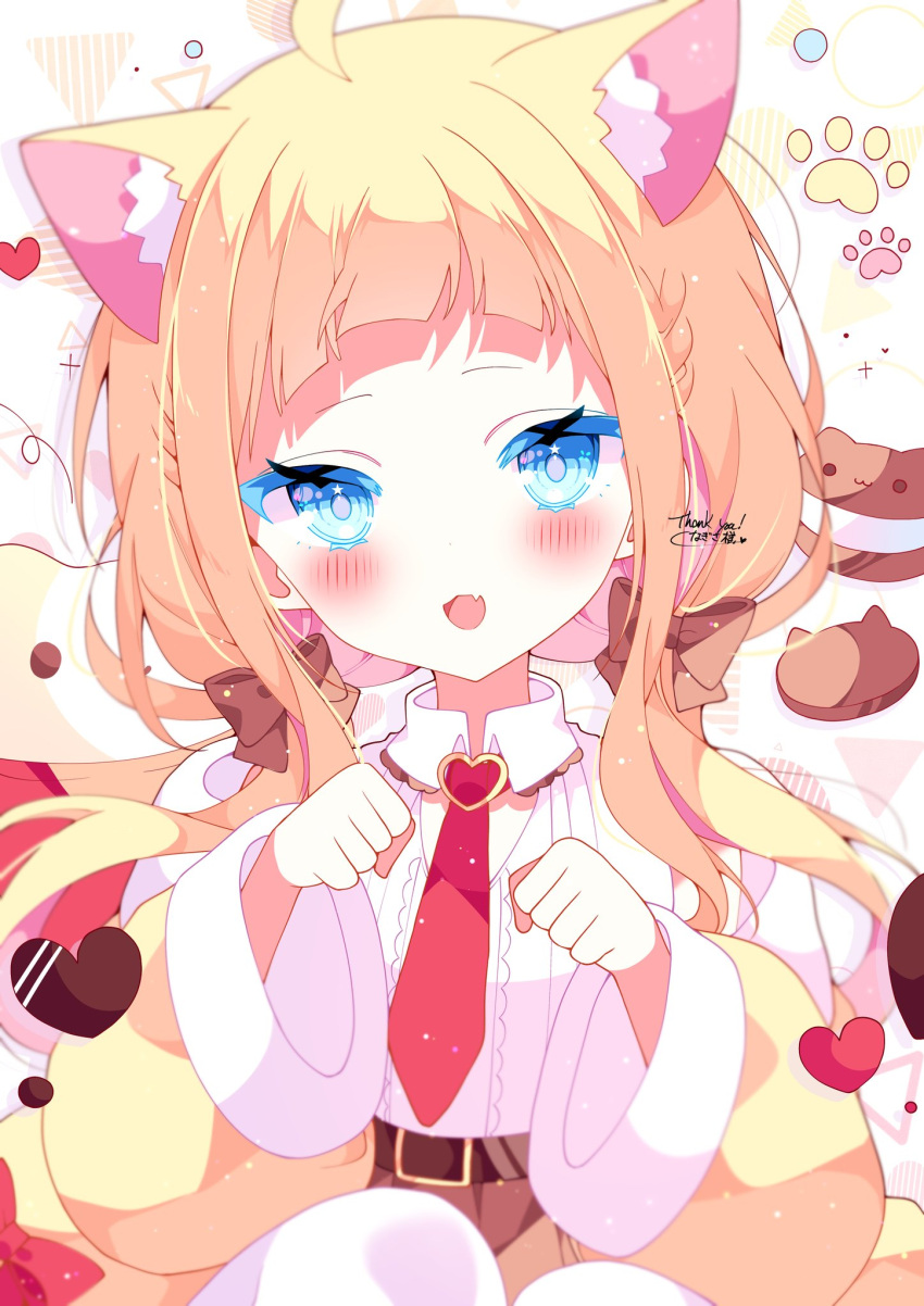1girl amato_ui animal_ears belt blonde_hair blue_eyes cat_ears cat_girl chestnut_mouth commission fang highres indie_virtual_youtuber necktie open_mouth paw_pose red_necktie shirt skeb_commission skin_fang solo suisei_1121 upper_body virtual_youtuber white_shirt