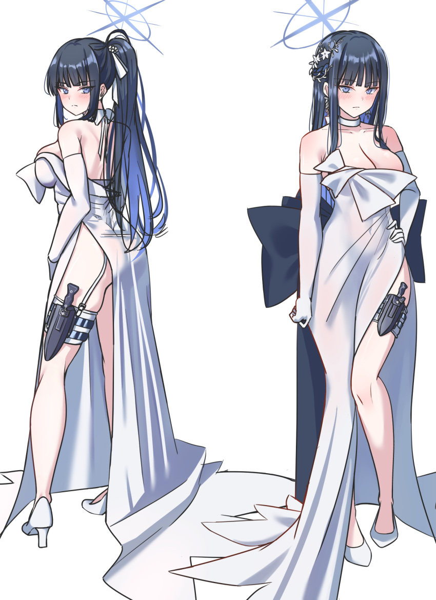 1girl alternate_hairstyle bare_shoulders black_bow black_hair blue_archive blue_eyes blue_hair blue_halo bow dress dress_bow elbow_gloves full_body garter_straps gloves halo high_heels highres hirorinwelcome holster knife_sheath looking_at_viewer official_alternate_costume ponytail saori_(blue_archive) saori_(dress)_(blue_archive) sheath side_slit simple_background solo standing strapless strapless_dress thigh_holster white_background white_dress white_footwear white_garter_straps white_gloves