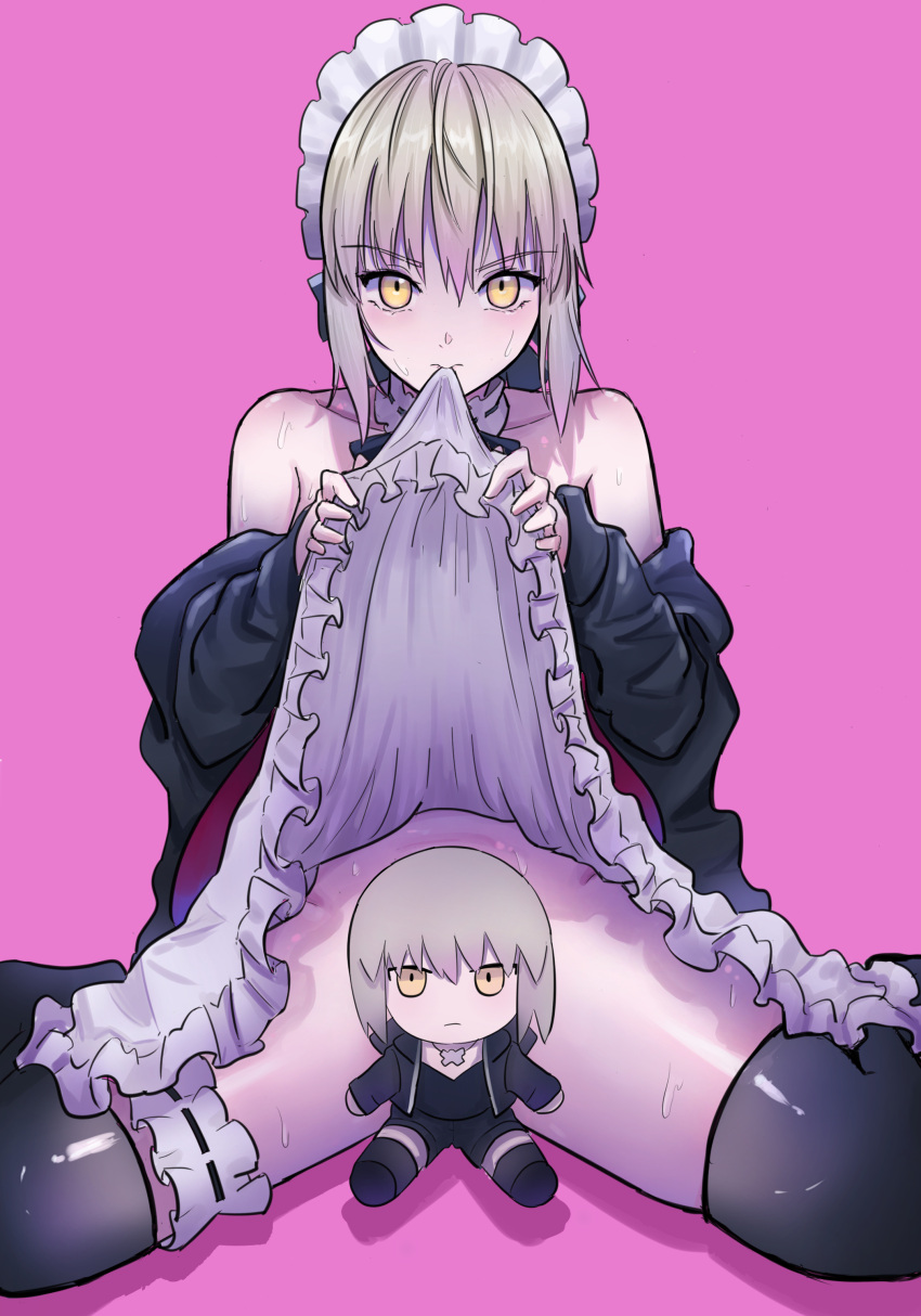 1girl absurdres apron artoria_pendragon_(alter_swimsuit_rider)_(fate) artoria_pendragon_(alter_swimsuit_rider)_(second_ascension)_(fate) artoria_pendragon_(fate) bare_shoulders black_jacket black_ribbon black_thighhighs blonde_hair character_doll clothes_in_mouth clothes_lift commentary convenient_censoring english_commentary fate/grand_order fate_(series) frilled_apron frills fumo_(doll) hair_between_eyes highres jacket lifted_by_self longdq3008 looking_at_viewer maid maid_headdress mouth_hold official_alternate_costume pink_background ribbon saber_alter saber_alter_(ver._shinjuku_1999)_(fate) short_hair sidelocks simple_background sitting skirt skirt_in_mouth skirt_lift solo sweat thighhighs white_apron yellow_eyes
