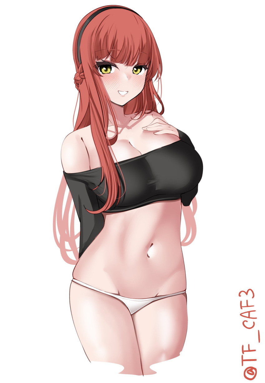 1girl bare_shoulders blush breasts crop_top cropped_shirt de_ruyter_(kancolle) green_eyes hairband hand_on_own_chest highres kantai_collection large_breasts long_hair looking_at_viewer midriff navel off-shoulder_shirt off_shoulder panties shirt smile solo stomach tf_cafe twitter_username underwear white_background white_panties