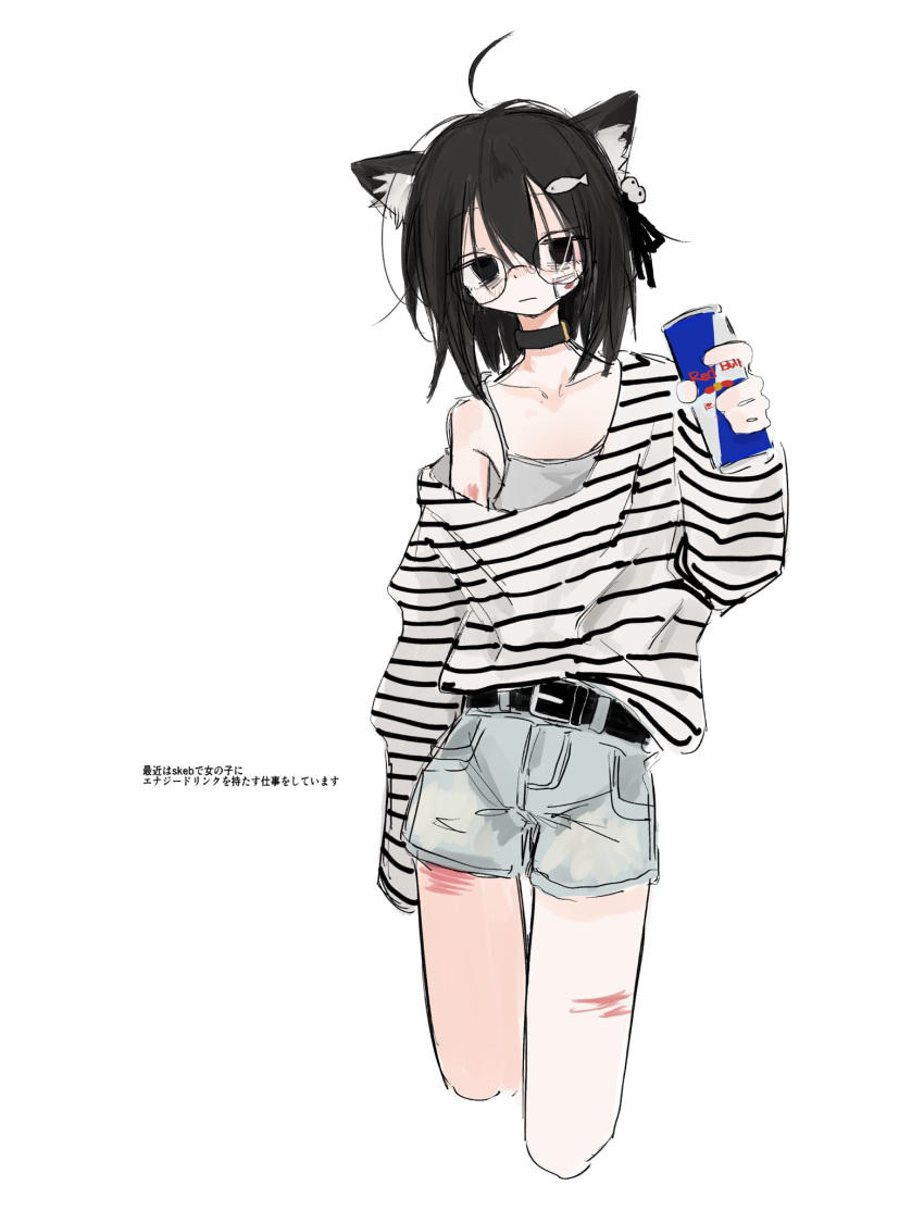 1girl ahoge animal_ear_fluff animal_ears bags_under_eyes belt black_belt black_choker black_eyes black_hair can cat_ears cat_girl choker closed_mouth cowboy_shot cropped_legs fish_hair_ornament glasses grey_shorts grey_undershirt hair_ornament hand_up highres holding holding_can long_sleeves looking_at_viewer medium_hair original red_bull scar scar_on_leg self-harm_scar shirt shirt_tucked_in short_shorts shorts simple_background single_bare_shoulder single_off_shoulder solo spaghetti_strap standing striped_clothes striped_shirt tsuda_hayato undershirt white_background white_shirt