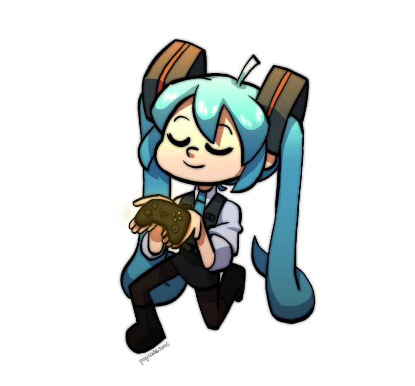 1girl ahoge black_footwear black_pantyhose black_skirt blue_eyes blue_hair blue_necktie boots bulletproof_vest closed_mouth controller full_body game_controller grey_shirt grey_vest hatsune_miku highres holding holding_controller holding_game_controller long_hair medium_bangs necktie on_one_knee pantyhose paperisfood pencil_skirt shirt simple_background skirt sleeves_rolled_up solo transparent_background very_long_hair vest vocaloid