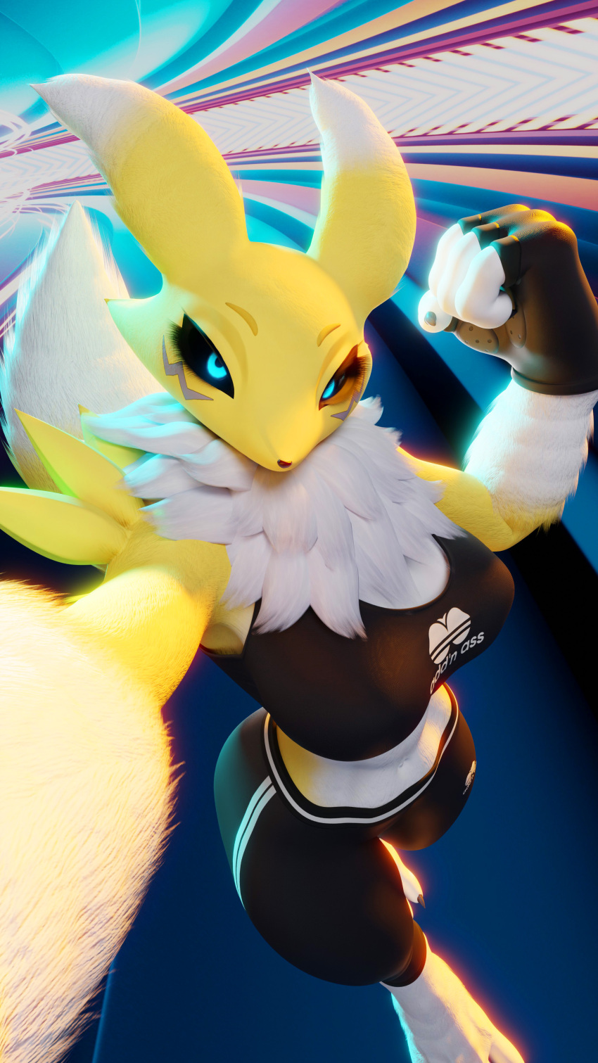 3:4 3d_(artwork) 4_fingers abstract_background absurd_res anthro arm_outstretched athletic_wear bandai_namco big_breasts black_claws black_clothing black_nose black_sclera blue_eyes bottomwear breasts canid canine claws clothed clothing digimon digimon_(species) digital_media_(artwork) facial_markings female female_anthro fever-dreamer finger_claws fingerless_gloves fingers fist flexing fluffy fully_clothed fur gloves handwear head_markings hi_res legwear looking_at_viewer looking_up looking_up_at_viewer mammal markings navel neck_tuft renamon renamon_(dogzeela) selfie solo symbol tail topwear tuft white_body white_fur yellow_body yellow_fur
