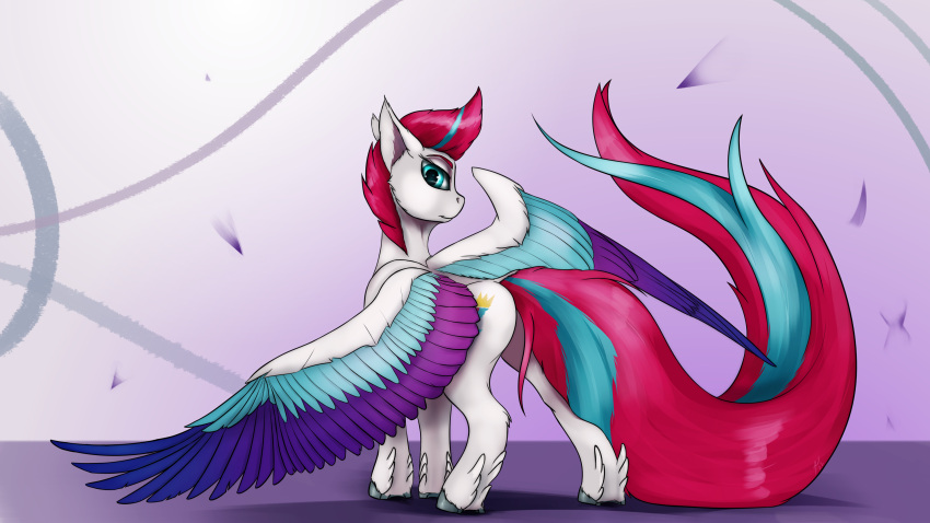 16:9 2022 4k absurd_res digital_media_(artwork) dock equid equine feathered_wings feathers female feral hair hasbro hi_res hooves long_tail looking_back mammal mlp_g5 multicolored_wings my_little_pony pegasus pink_hair pink_tail purple_body purple_feathers spread_wings tenebrisnoctus tuft widescreen wings zipp_storm_(mlp)