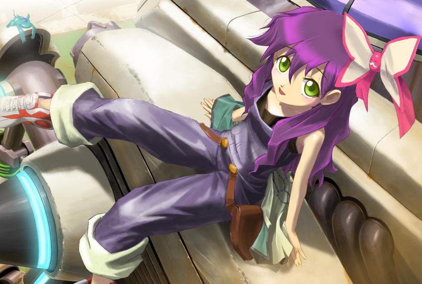 1girl aquakurow basquash! flat_chest flora_skybloom green_eyes long_hair looking_at_viewer mecha open_mouth overalls purple_hair robot shoes sitting sneakers solo