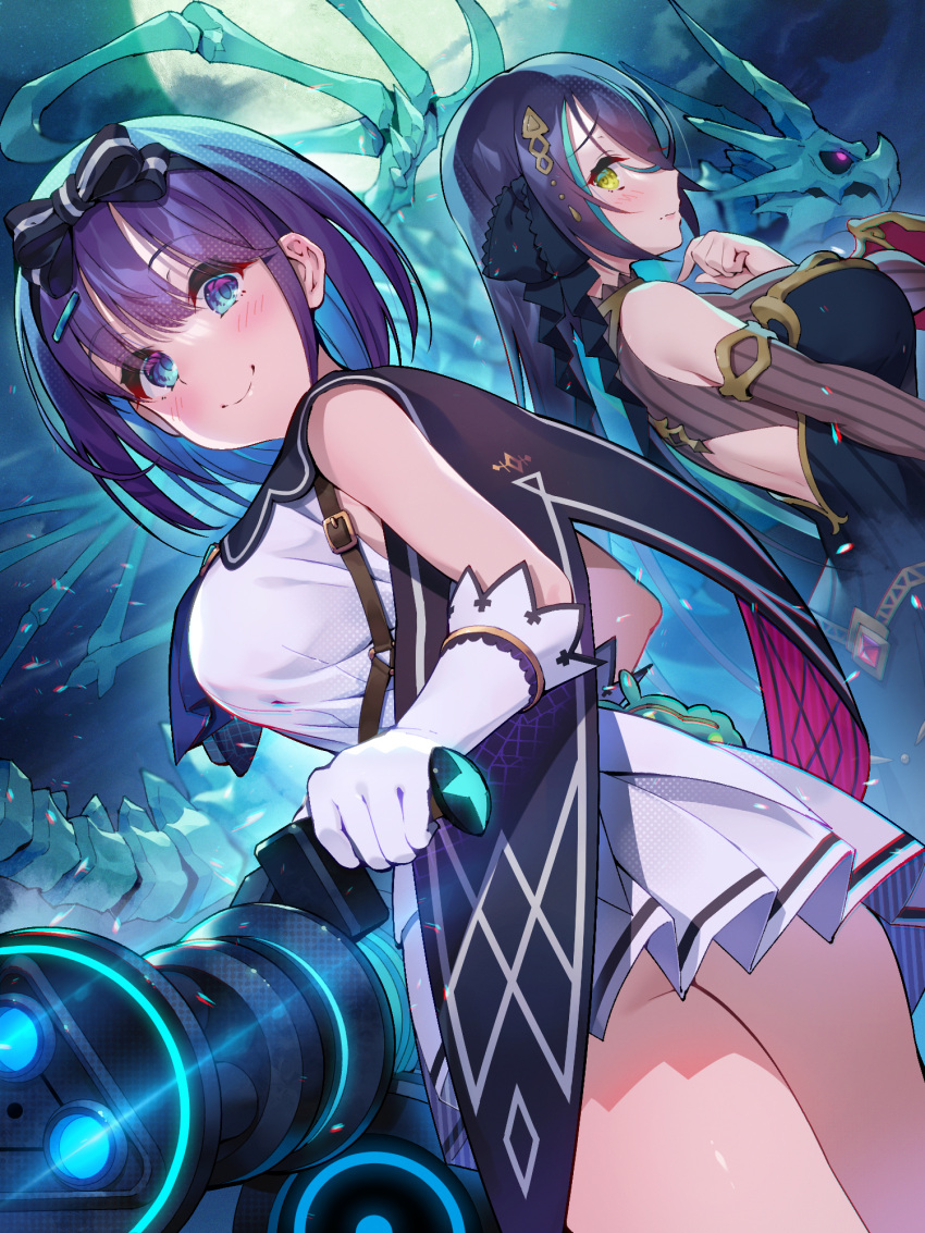 2girls bare_shoulders black_hair blue_eyes blush breasts elbow_gloves gatling_gun gloves hair_ribbon highres large_breasts looking_at_viewer misora_(princess_connect!) moguru multiple_girls pleated_skirt princess_connect! purple_hair ranpha_(princess_connect!) ribbon short_hair skirt sleeveless yellow_eyes