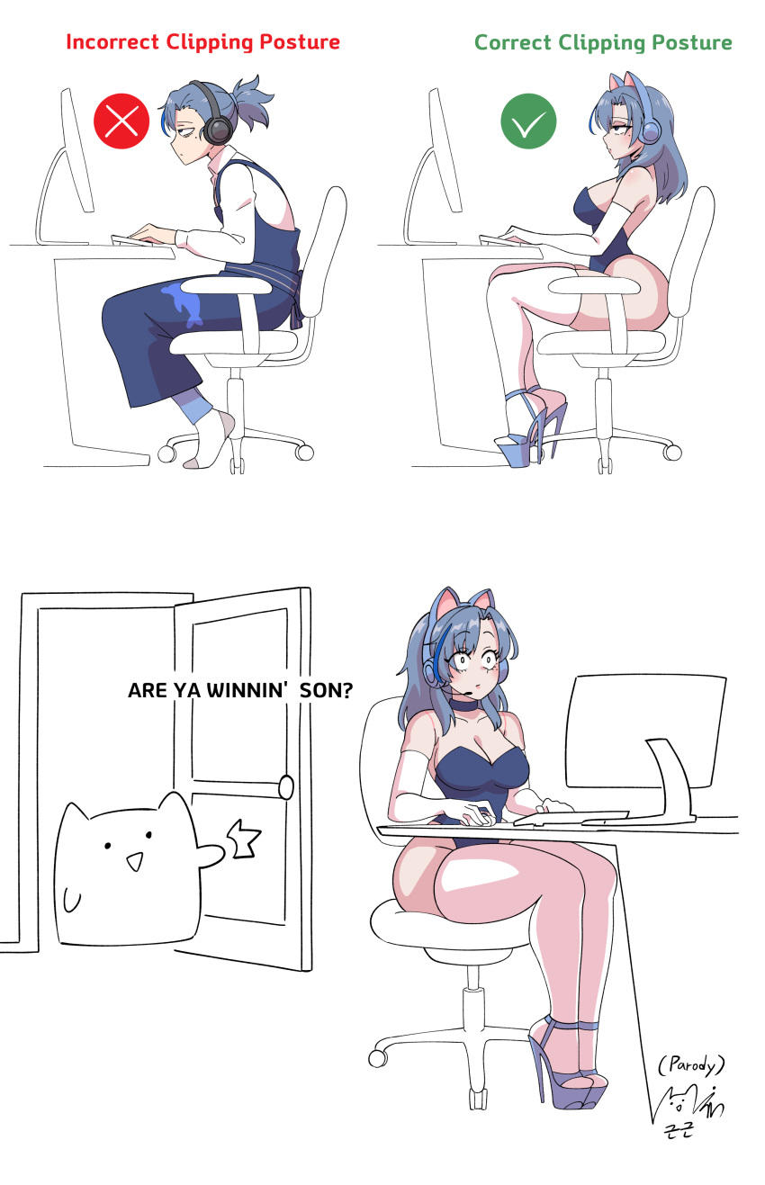 1boy absurdres animal_ear_headphones animal_ears are_you_winning_son?_(meme) blue_choker blue_footwear blue_headphones blue_leotard breast_padding cat_ear_headphones chair choker correct_gaming_posture_(meme) crossdressing elbow_gloves english_text fake_animal_ears gloves headphones high_heels highres indie_virtual_youtuber indoors interrupted leotard long_sleeves looking_at_viewer majinmallow male_focus male_with_breasts medium_hair meme mole mole_under_eye otoko_no_ko parody ponytail sitting thick_thighs thighhighs thighs typing virtual_youtuber white_gloves white_thighhighs