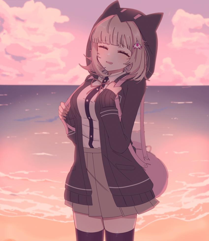 1girl :d absurdres backpack bag black_jacket black_shirt black_thighhighs brown_hair brown_skirt chi_gu closed_eyes danganronpa_(series) danganronpa_2:_goodbye_despair dress_shirt facing_viewer galaga grey_shirt highres hood hood_up jacket medium_hair nanami_chiaki ocean open_clothes open_jacket open_mouth outdoors pink_bag pleated_skirt shirt skirt smile solo sunset thighhighs zettai_ryouiki