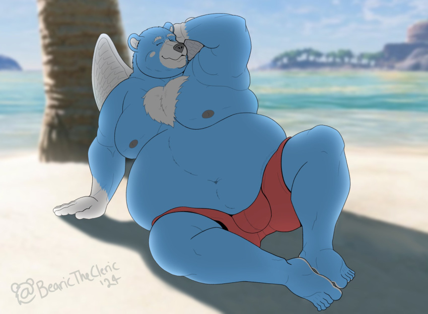 2024 anthro beach bear bearicthecleric belly big_belly black_nose blue_body bulge detailed_background eyes_closed hi_res male mammal moobs moosh nintendo nipples oracle_of_ages oracle_of_seasons outside overweight overweight_male sitting solo the_legend_of_zelda water wings