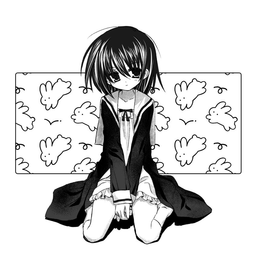 1girl between_legs closed_mouth dress frills full_body greyscale hajang68 hand_between_legs highres long_sleeves looking_at_viewer medium_hair monochrome open_clothes open_dress original outside_border rabbit sailor_collar sailor_dress screentones sitting solo wariza white_background