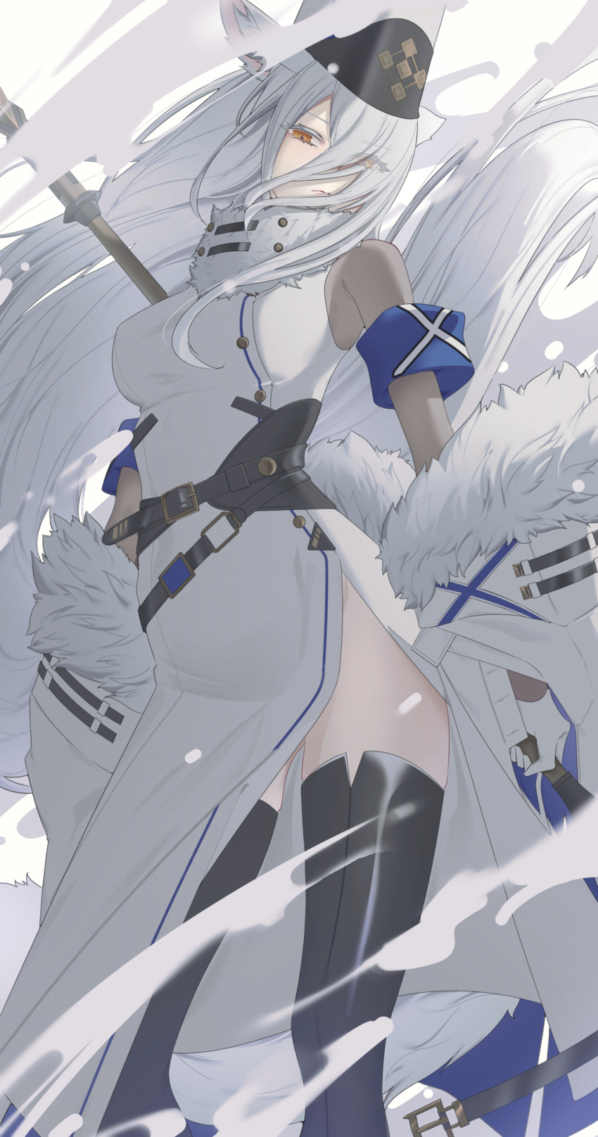 1girl absurdres animal_ears arknights black_thighhighs closed_mouth dress eyes_visible_through_hair feet_out_of_frame floating_hair frown fur-trimmed_dress fur-trimmed_jacket fur_trim grey_hair hair_over_one_eye hat head_tilt highres holding holding_behind_back holding_polearm holding_weapon jacket kimo_suna long_dress long_hair long_sleeves looking_at_viewer off_shoulder open_clothes open_jacket orange_eyes pelvic_curtain polearm santalla_(arknights) shako_cap side_slit sleeveless sleeveless_dress solo spear thighhighs very_long_hair weapon white_headwear white_jacket wolf_ears wolf_girl