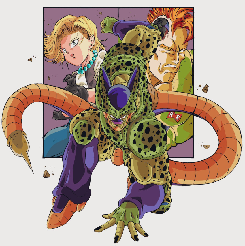 1girl 2boys android android_16 android_18 battle_damage bead_necklace beads black_gloves black_nails blonde_hair blue_eyes blue_pants cell_(dragon_ball) clenched_teeth colored_skin debris dragon_ball dragon_ball_z earrings full_body gloves green_skin hand_on_ground highres hoop_earrings jewelry lips looking_at_viewer male_focus mohawk multicolored_skin multiple_boys muscular muscular_male necklace no_nose oharu2000 one_eye_closed open_clothes open_mouth open_vest orange_hair pants red_eyes red_ribbon_army semi-perfect_cell simple_background stinger superhero_landing sweat tail teeth vest