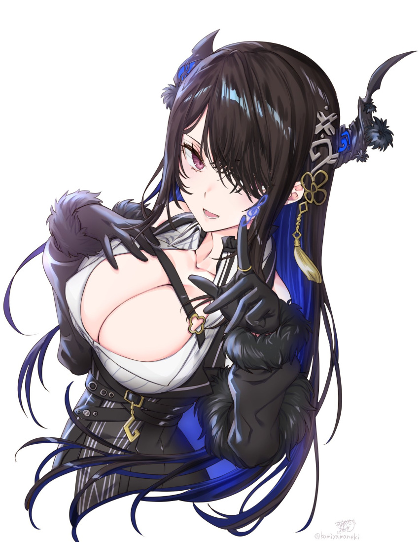 1girl adapted_costume asymmetrical_horns bare_shoulders black_hair blue_hair breast_focus breasts cleavage colored_inner_hair demon_horns hair_ornament highres hololive hololive_english horns kamiya_maneki large_breasts long_hair looking_at_viewer mole mole_under_eye multicolored_hair nerissa_ravencroft nerissa_ravencroft_(1st_costume) one_eye_closed pointing red_eyes smile solo two-tone_hair uneven_horns virtual_youtuber