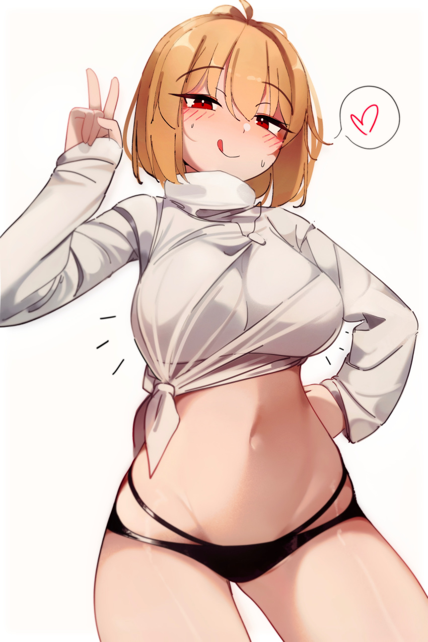 1girl absurdres ahoge arcueid_brunestud black_panties blonde_hair blush breasts closed_mouth deko_morii hand_on_own_hip heart highres large_breasts looking_at_viewer midriff navel panties red_eyes shirt short_hair simple_background solo spoken_heart sweater tied_shirt tongue tongue_out tsukihime tsukihime_(remake) turtleneck turtleneck_sweater underwear v white_sweater