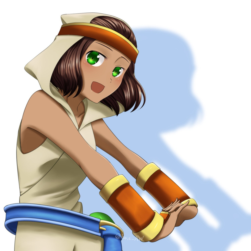 1girl assisted_stretching bad_id bad_twitter_id belt blue_belt blush brown_hair dark-skinned_female dark_skin detached_sleeves final_fantasy final_fantasy_tactics fwa_rw green_eyes headband highres hood looking_at_viewer open_mouth rapha_galthena red_headband solo white_background
