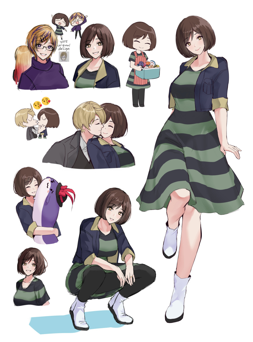 1boy 2girls absurdres apron aroevela black_dress black_vest blonde_hair bright_pupils brown_eyes brown_hair closed_mouth commentary dress emoji english_commentary futatsuiwa_mamizou green_dress highres kiss konngara_(touhou) looking_at_viewer multiple_girls multiple_views nagae_iku original red_apron short_hair simple_background squatting sukusuku_hakutaku touhou two-tone_dress vest white_background white_footwear white_pupils