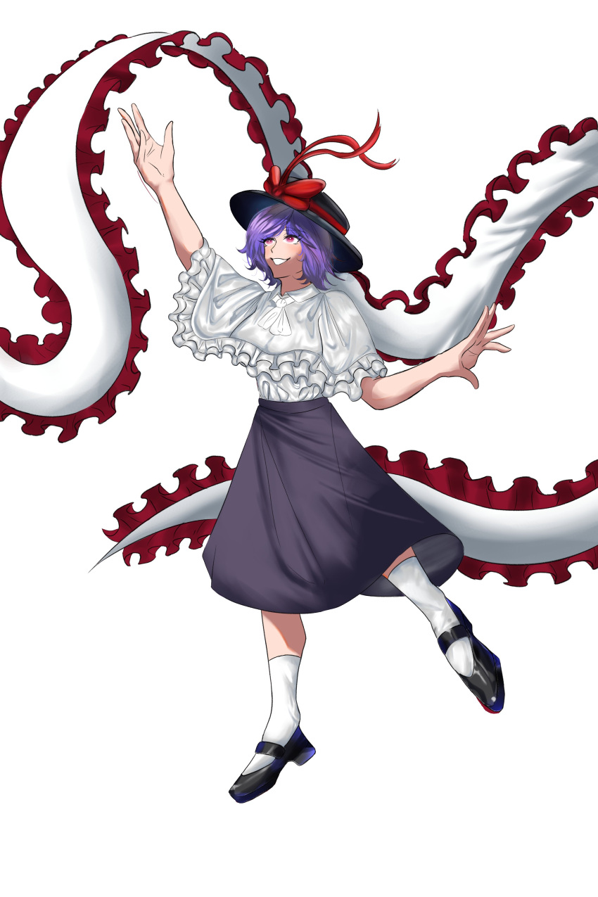 1girl absurdres arm_up black_footwear black_headwear black_skirt bow commentary english_commentary frilled_shawl frills full_body hat hat_bow high_heels highres nagae_iku purple_hair red_bow red_eyes retro_(halfbaked2hu) shawl shirt short_hair simple_background skirt smile socks solo touhou white_background white_shirt white_socks