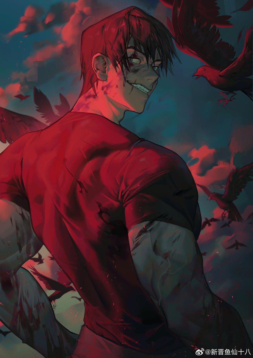 1boy absurdres bara bird blood blood_on_face crow fushiguro_touji grin highres juhachiii jujutsu_kaisen male_focus muscular muscular_male pants pectorals scar scar_on_face scar_on_mouth shirt short_hair smile solo t-shirt veins veiny_arms