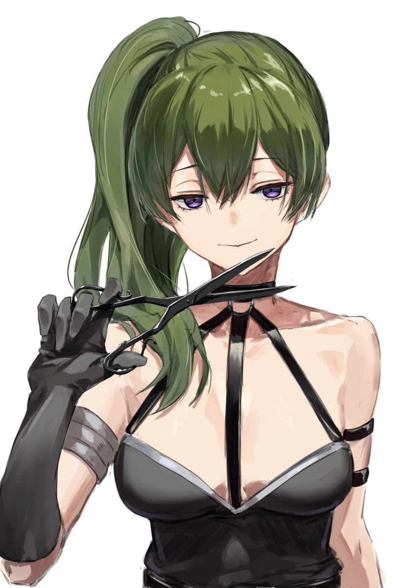 1girl absurdres arm_strap armlet asymmetrical_hair black_dress black_gloves breasts closed_mouth commentary double-parted_bangs dress elbow_gloves gloves green_hair hair_between_eyes half-closed_eyes highres holding holding_scissors light_smile looking_at_viewer medium_breasts medium_hair o-ring purple_eyes sakazuki_sudama scissors side_ponytail simple_background sleeveless sleeveless_dress solo sousou_no_frieren ubel_(sousou_no_frieren) upper_body white_background